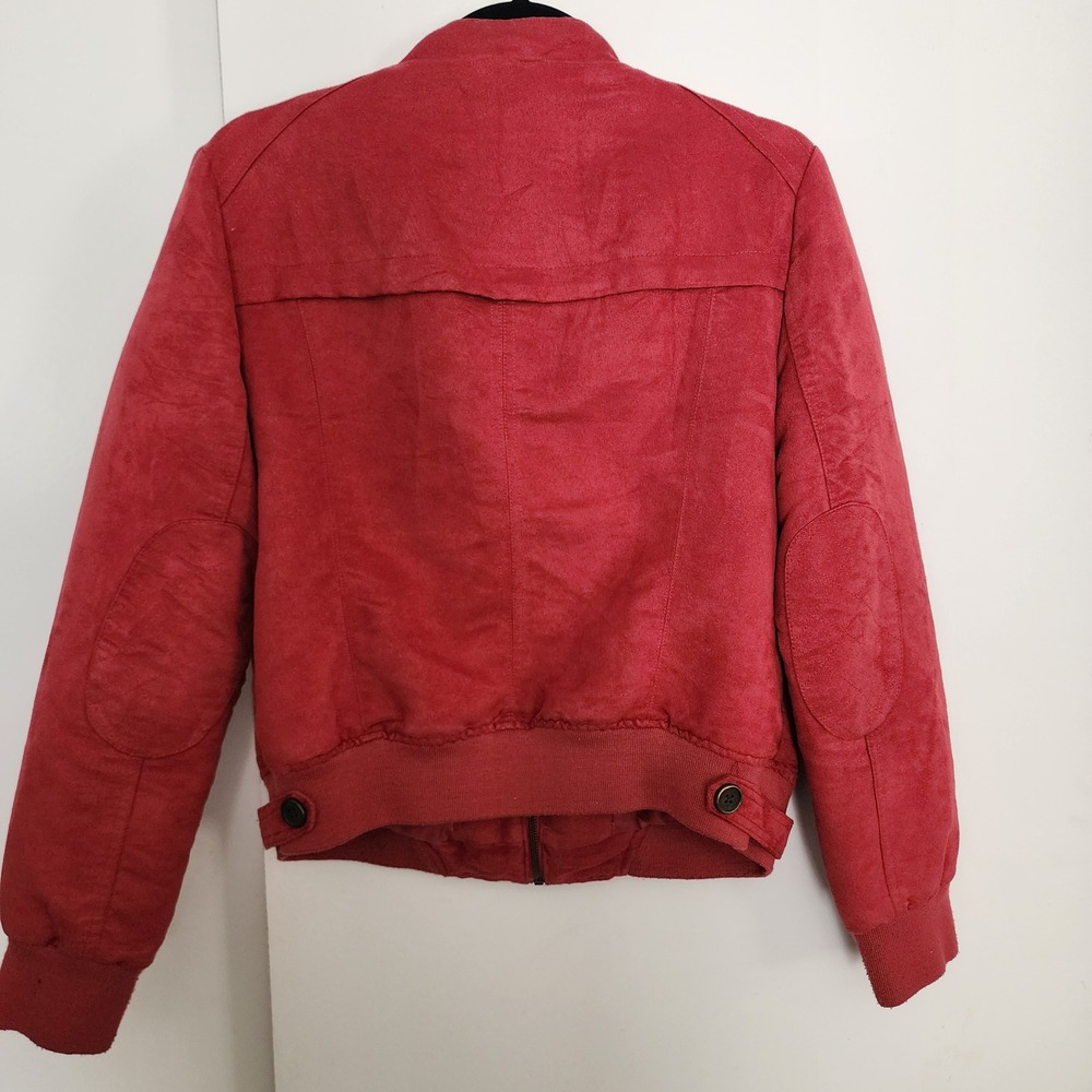 American Rag Faux Suede Bomber Jacket Women L Red Good Military Zip Epaulettes - Picture 5 of 6
